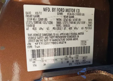 2011 Ford F-250 Xlt z USA, uszkodzony, nr VIN 1FT7W2BT7BEC35274